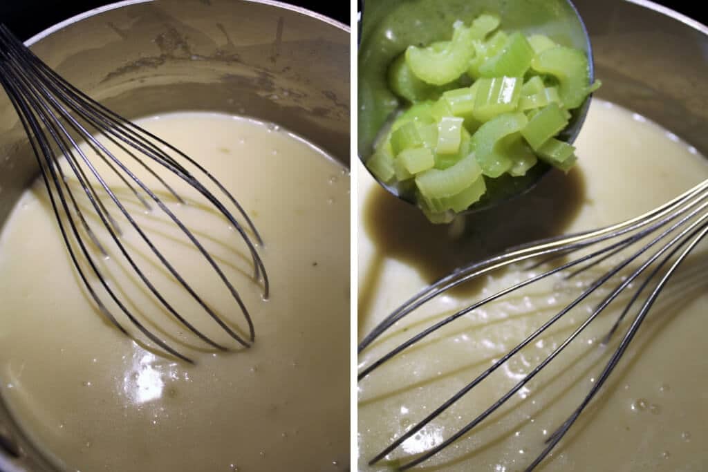 A series of 2 pictures showing the vegan cream of celery soup broth mixed in with the roux and the celery being added.