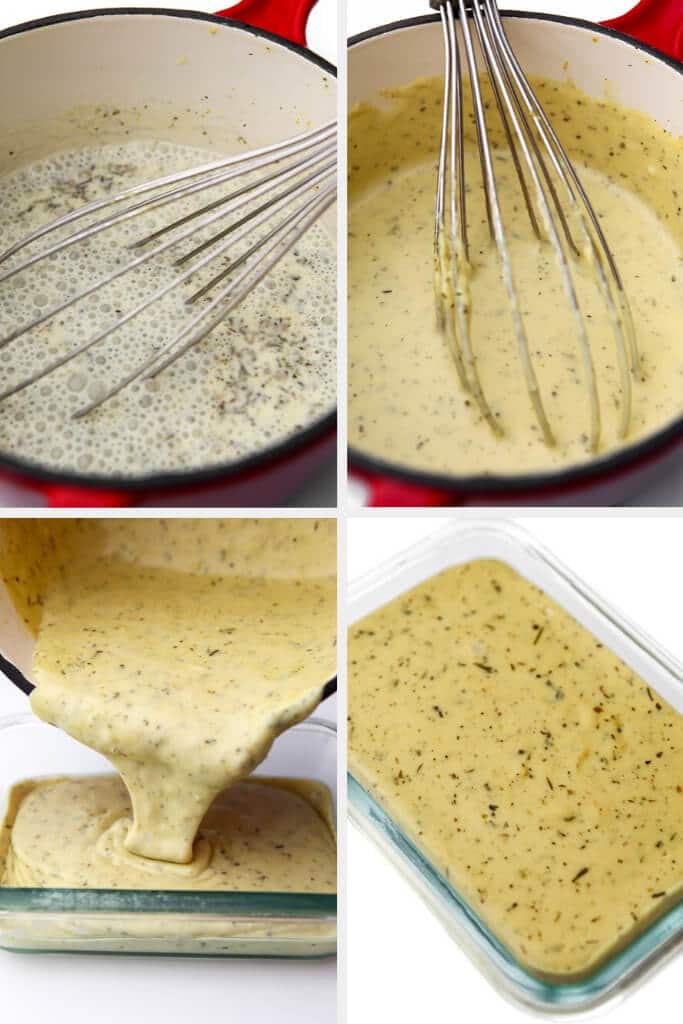 A collage of 4 pictures showing the process of cooking the coconut milk and herb to make a cheese sauce and then pouring it into a mold to set.