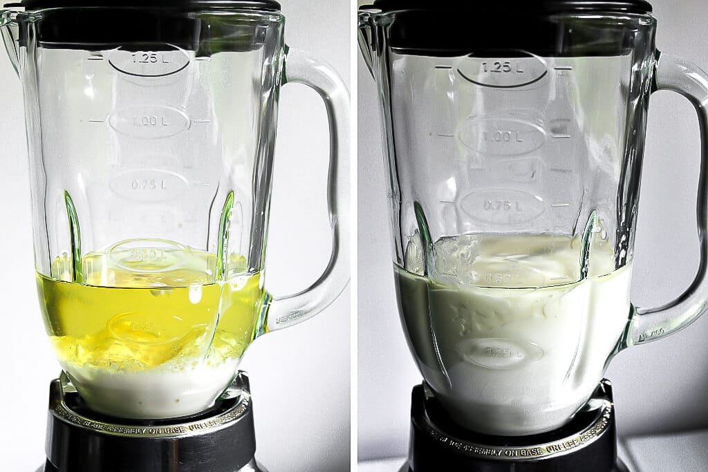 A collage of 2 pictures showing the vegan mayonnaise before and after it is blended in a blender.