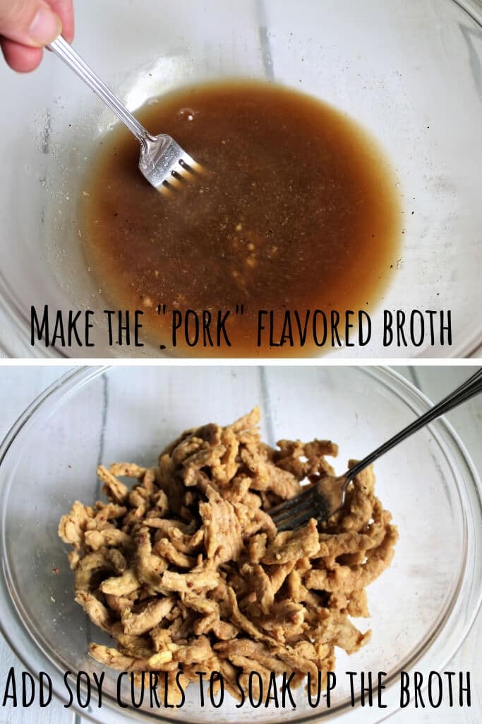 A series of 2 pictures showing the process steps of making the vegan pulled pork broth and re-hydrating the soy curls in it.