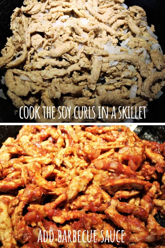 A series of 2 pictures showing the process steps of sauteing the onion and soy curls and adding the barbecue sauce.
