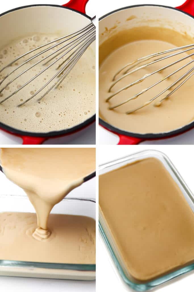 A collage of 4 pictures showing the process of cooking the coconut milk and flavorings to make a vegan smoked gouda cheese sauce and then pouring it into a mold to set.