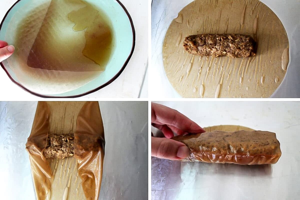 A collage of 4 images showing how to wrap vegan sausage in a rice paper wrapper.