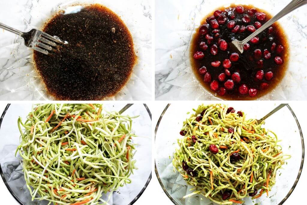 A collage of 4 images showing the process of making the maple dressing, adding cranberries and broccoli slaw to make a vegan broccoli salad.