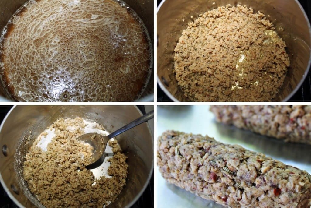 A series of 4 pictures showing the process steps of how to make gluten free and vegan sausage from TVP.