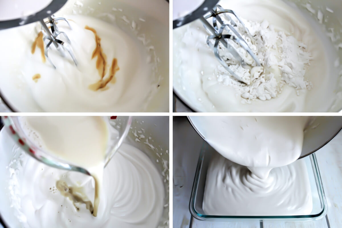 A collage of 4 images showing the steps to make vegan aquafaba ice cream without an ice cream maker.