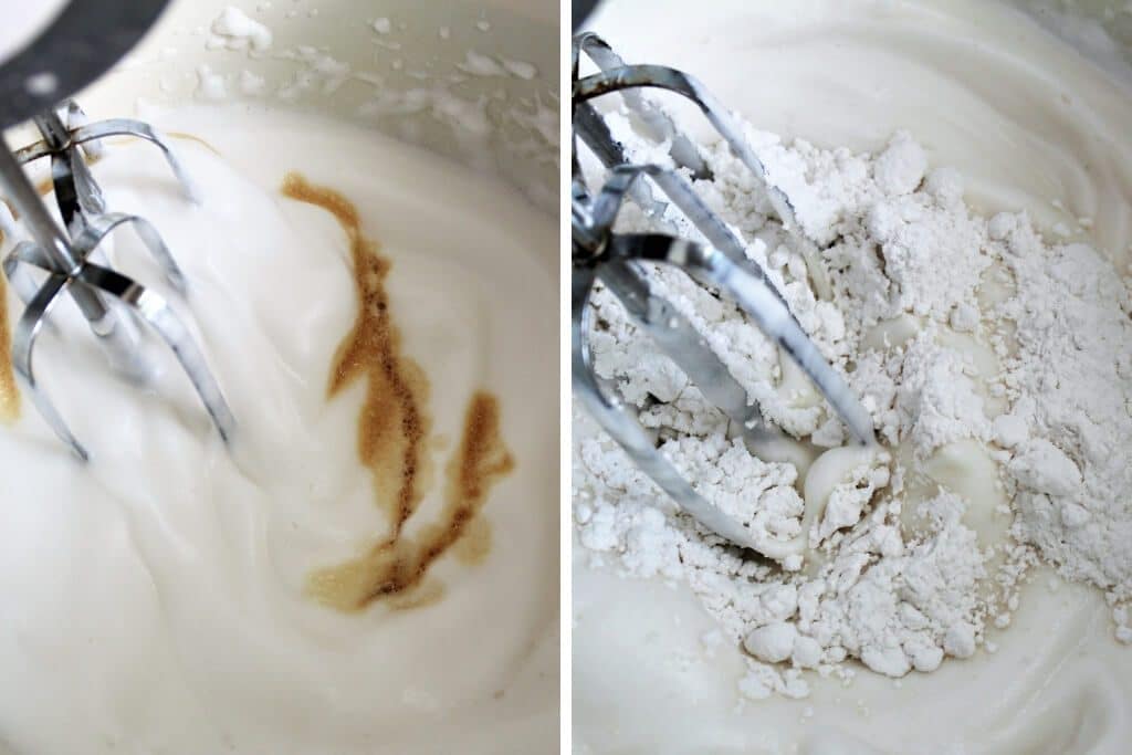 The process of whipping the aquafaba and adding vanilla and sugar to make ice cream.