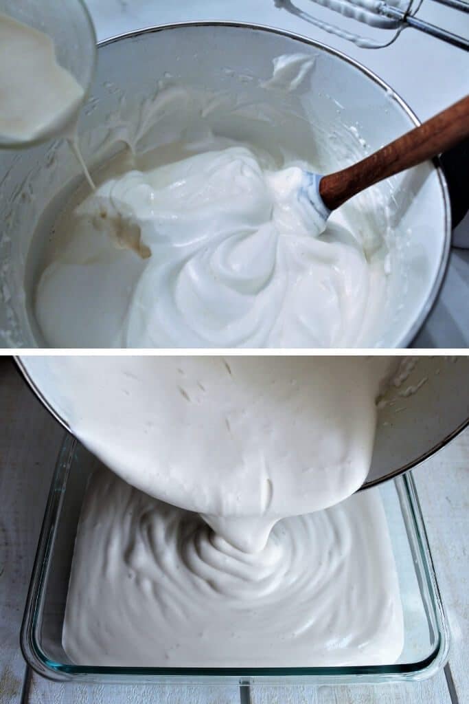 Showing the process of adding the soy milk to the aquafaba and pouring the vegan aquafaba ice cream into a glass container before putting in the freezer. 