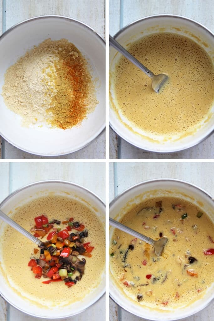 A series of 4 pictures showing the process steps for making the batter for chickpea omelettes by adding spices to chickpea flour, adding water and cooked veggies, and then mixing them all together to form a batter.