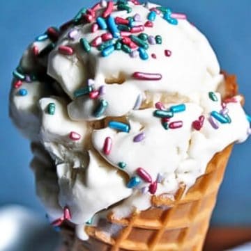 A vanilla aquafaba ice cream cone with sprinkles.