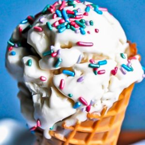 A vanilla aquafaba ice cream cone with sprinkles.
