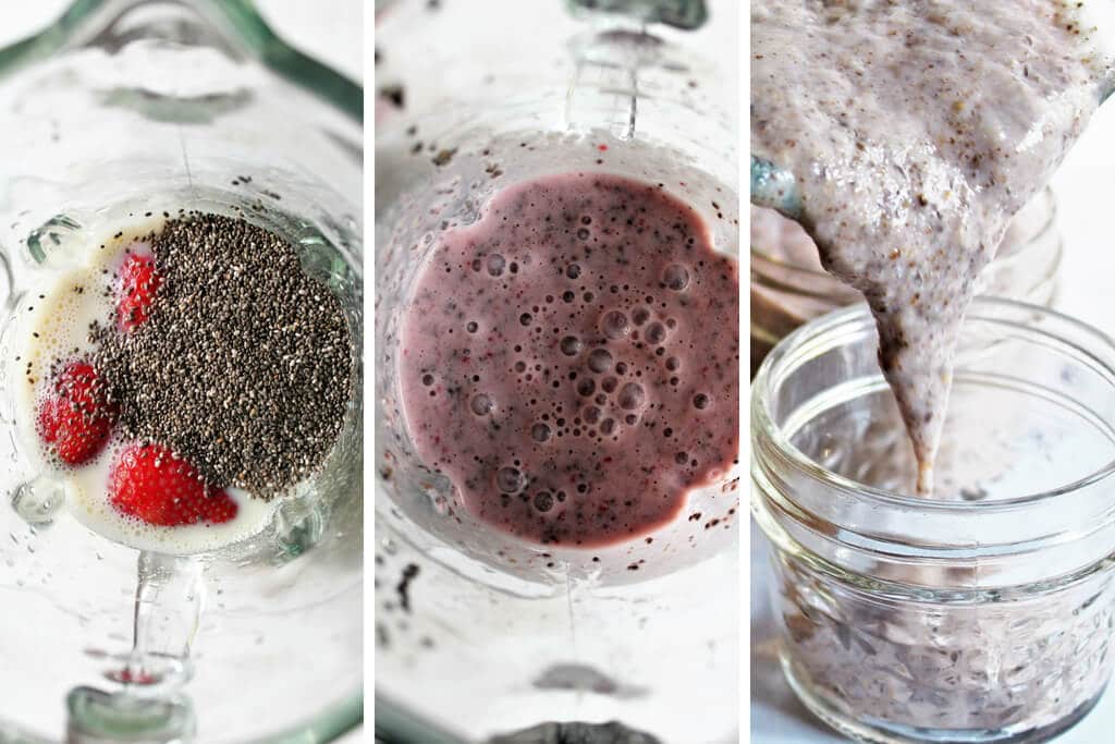The process of soy milk, chia seeds, and strawberries in a blender to make chia seed pudding.