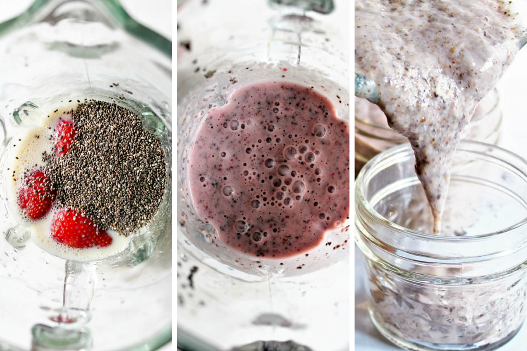 The process of soy milk, chia seeds, and strawberries in a blender to make chia seed pudding.