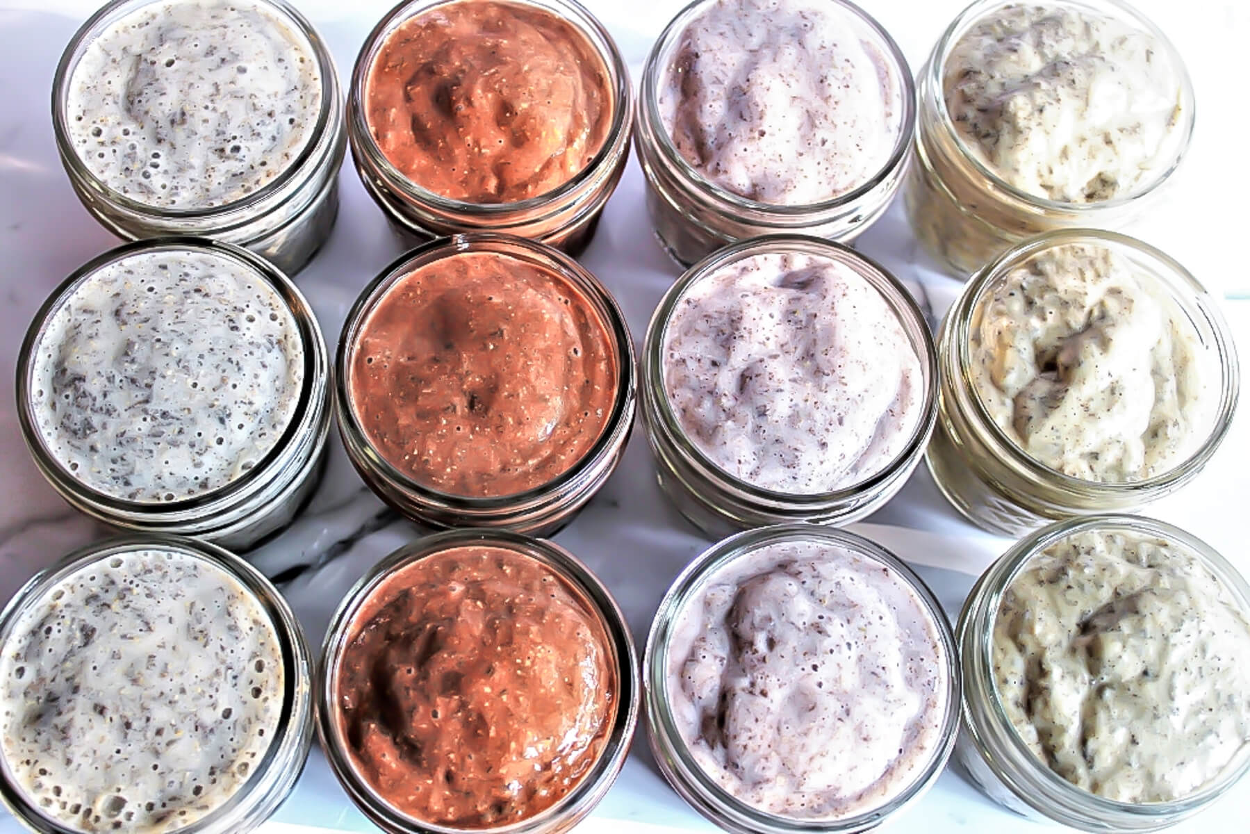 Twelve make ahead chia pudding cups in 4 flavors. put in mason jars for easy grab and go breakfasts.