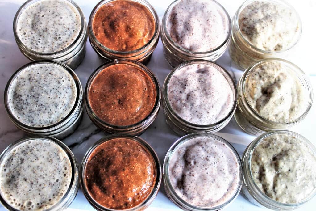 Twelve make ahead chia pudding cups in 4 flavors. put in mason jars for easy grab and go breakfasts.