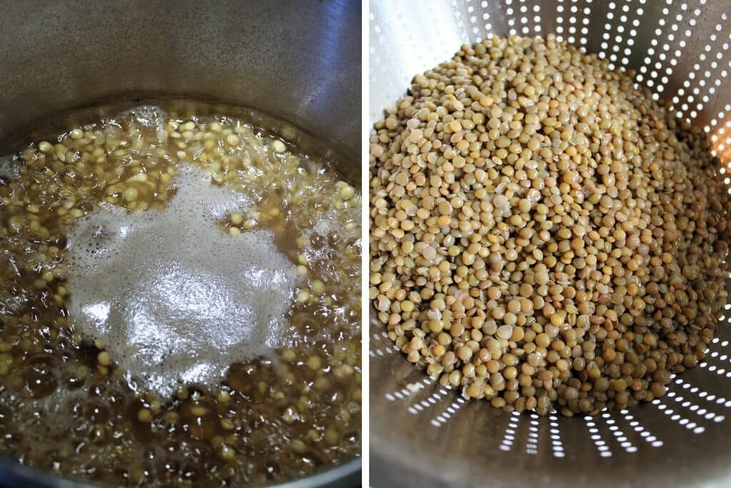Cooking and draining the lentils before adding them to the vegan lentil soup with kale.