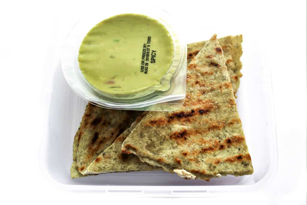 Gluten free and vegan quesadillas with guacamole dipping sauce.