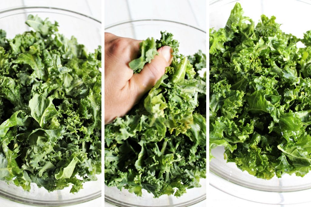 Showing how to massage kale before adding it to the lemony vegan lentil soup with kale.
