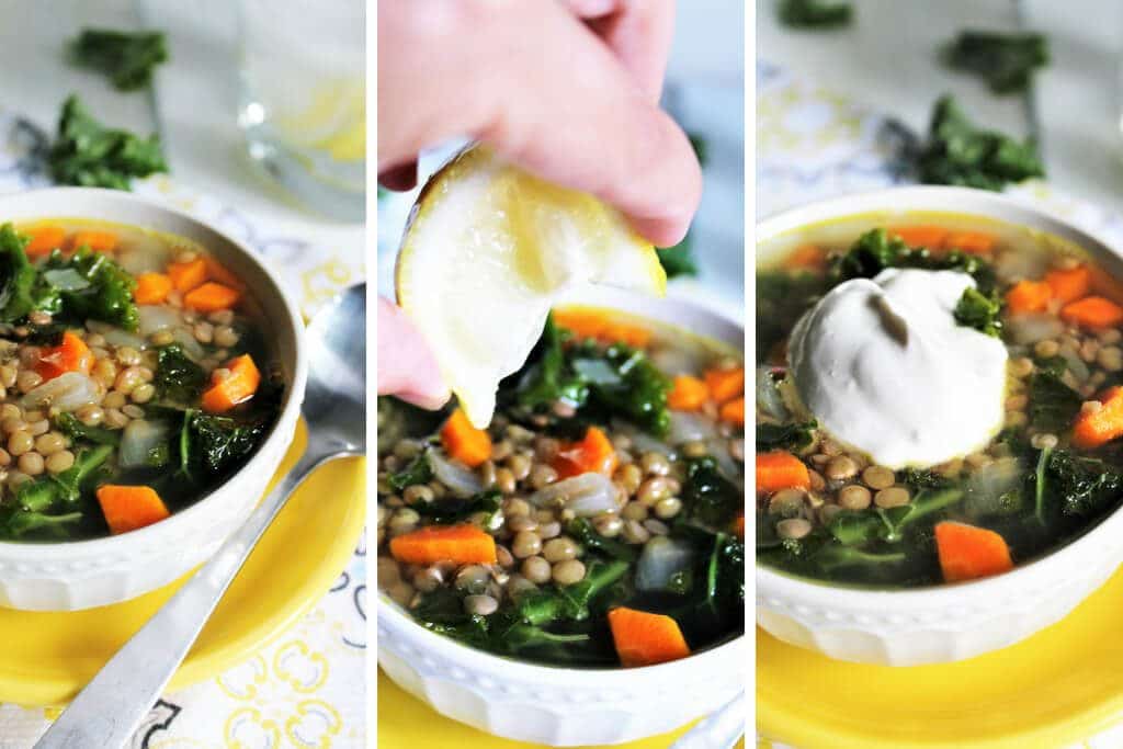 A collage of 3 pictures showing the process of squeezing lemon and adding vegan sour cream into the lentil soup.
