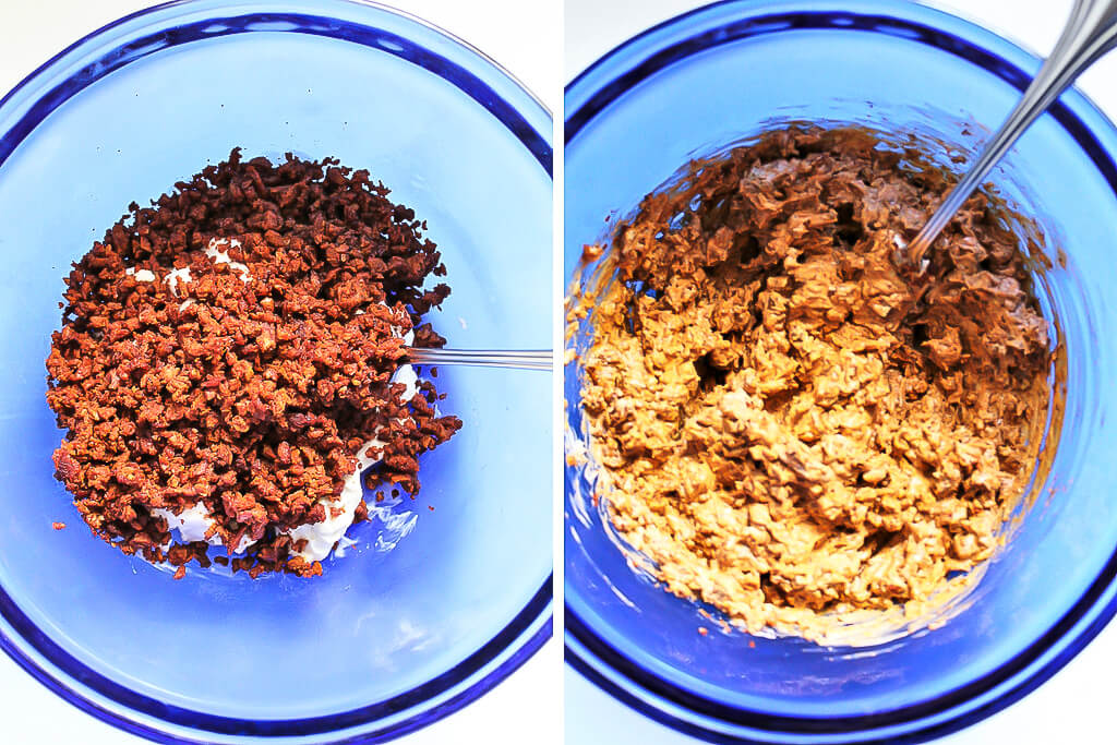 The process of mixing the soy chorizo and vegan cream cheese in a blue bowl to make dip.