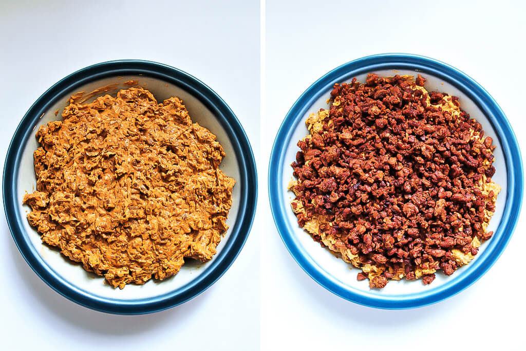 The process of putting the soy chorizo dip into a bowl.