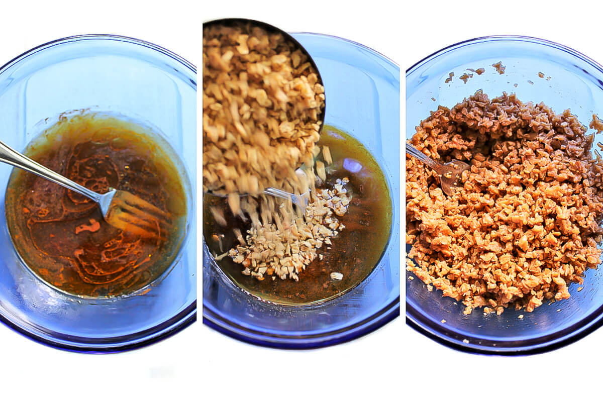 A collage of three pictures showing the process of making a spicy broth and rehydrating the TVP in it to make soyrizo.