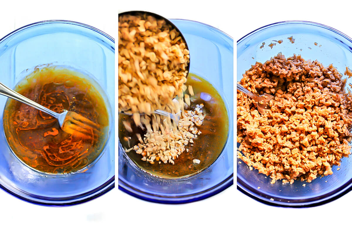 A collage of three pictures showing the process of making a spicy broth and rehydrating the TVP in it to make Soyrizo.