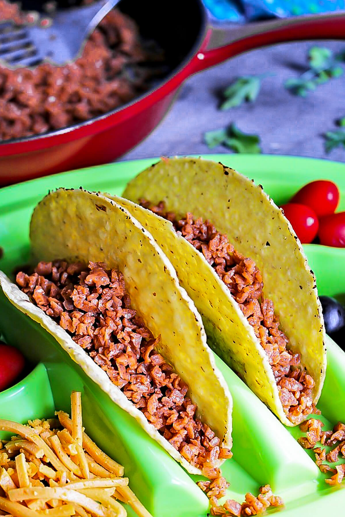 Vegan tacos made with homemade soy chorizo.