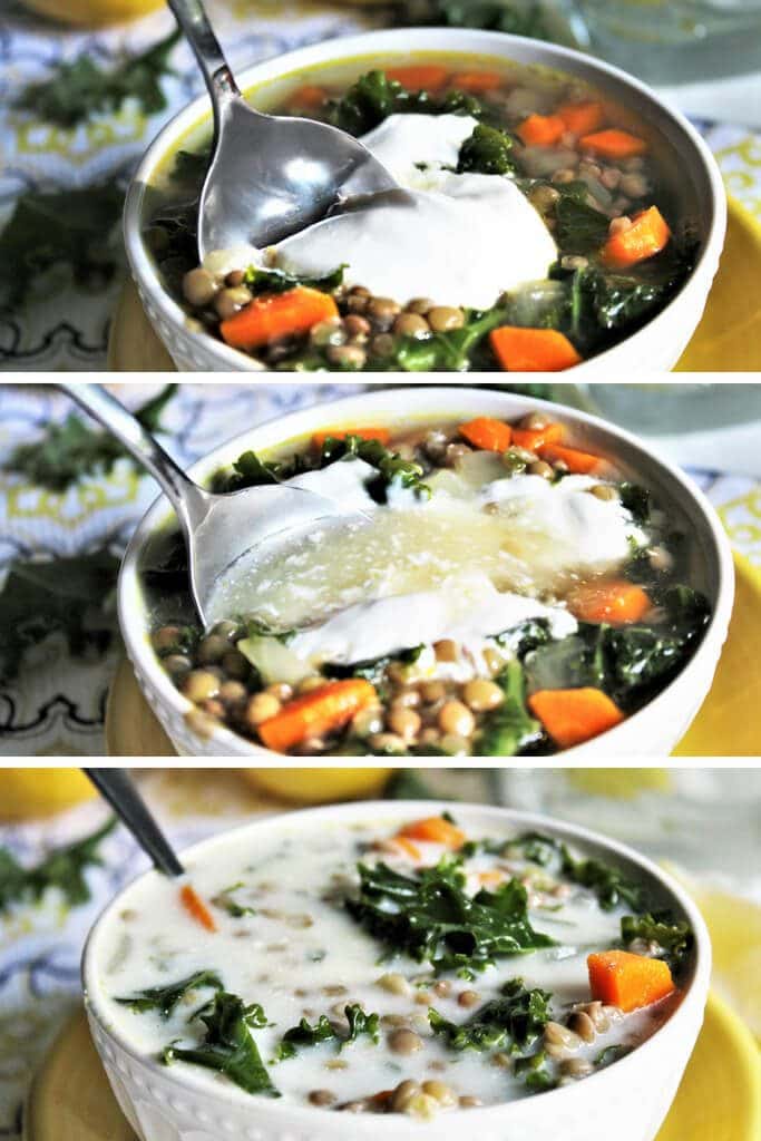 A series of 3 pictures showing adding vegan sour cream to the lentil soup. 