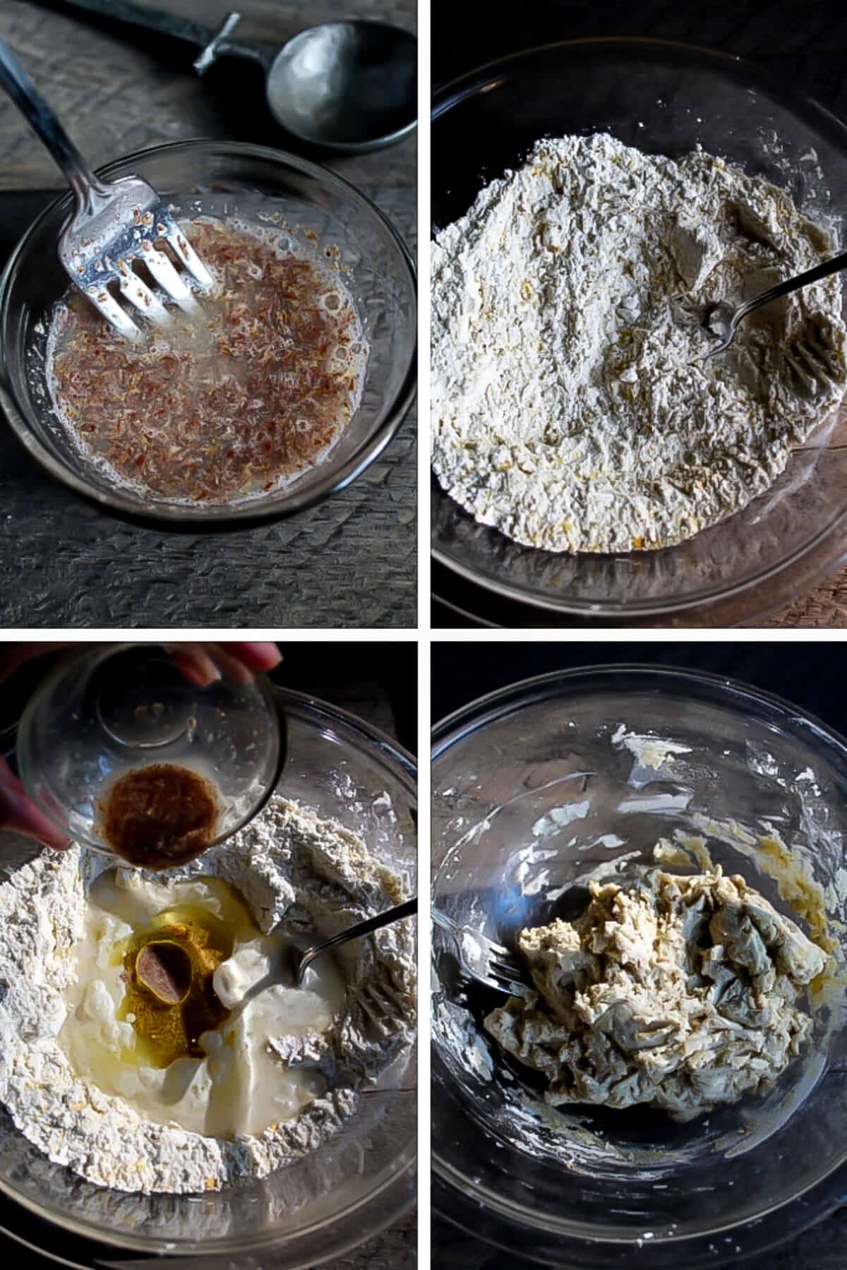 Four pictures showing the process of mixing the flax egg, and mixing the dry and wet ingredients to form a dough.