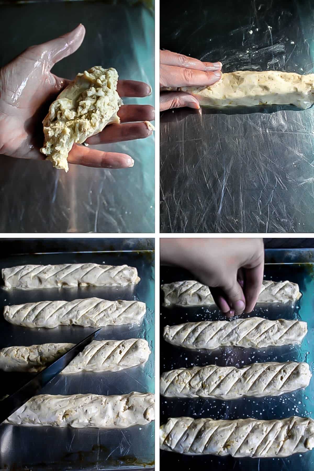 Four pictures showing how to shape the gluten free vegan bread sticks into their shape and sprinkling with salt before they are baked.