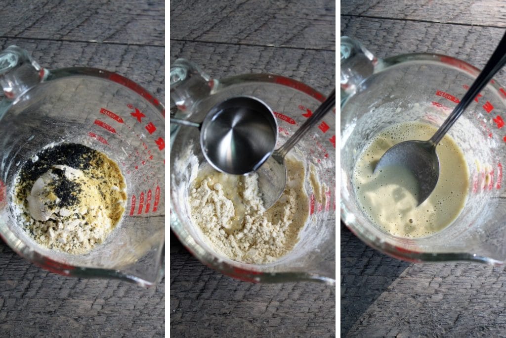 Three pictures showing the process of making the egg substitute for the vegan egg drop soup.