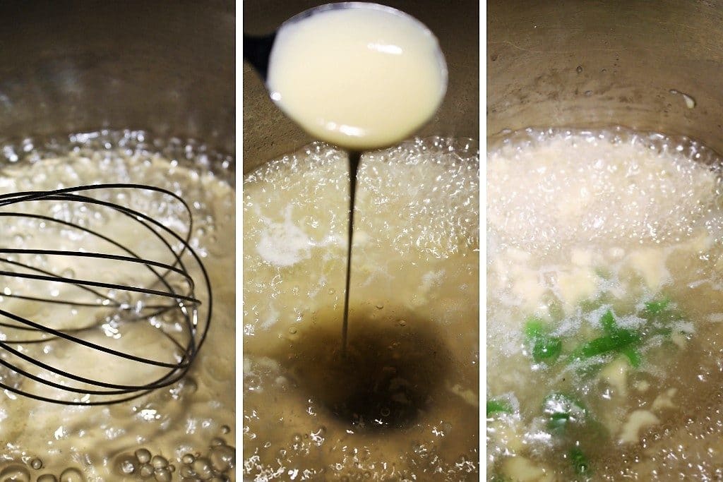 A series of 3 pictures showing the process of dropping the vegan egg into boiling vegan chicken broth to make vegan egg drop soup.