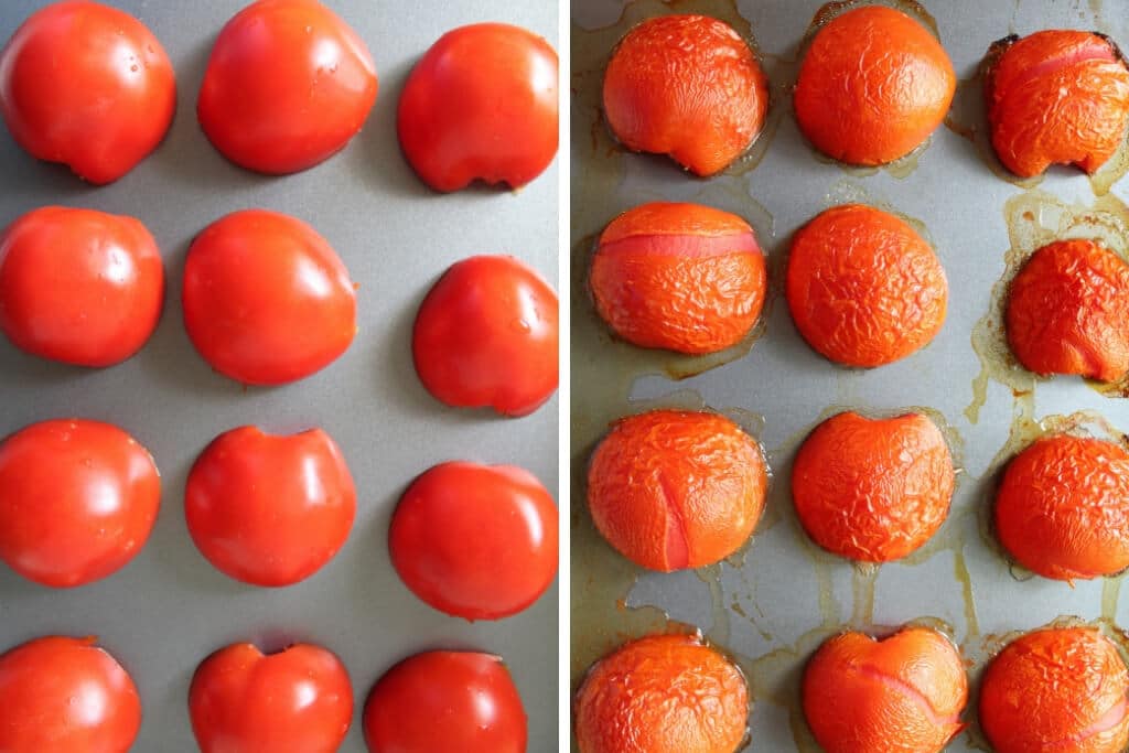 Tomatoes cut in half on a cookie sheet showing before and after roasting.