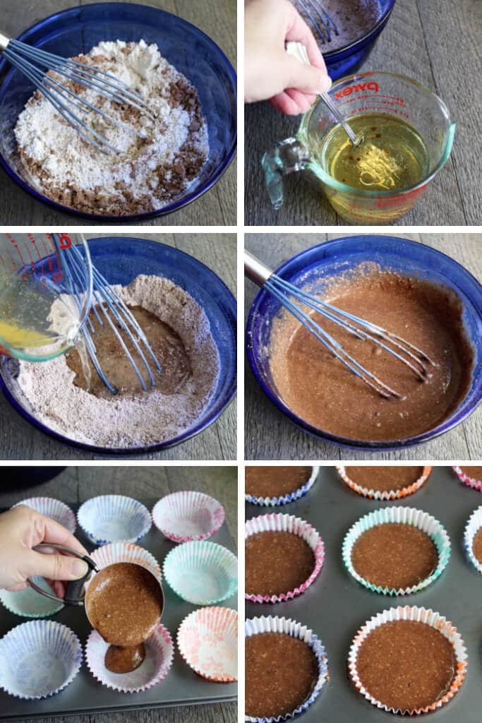 A series of 6 pictures showing the process steps of making gluten free vegan cupcakes.