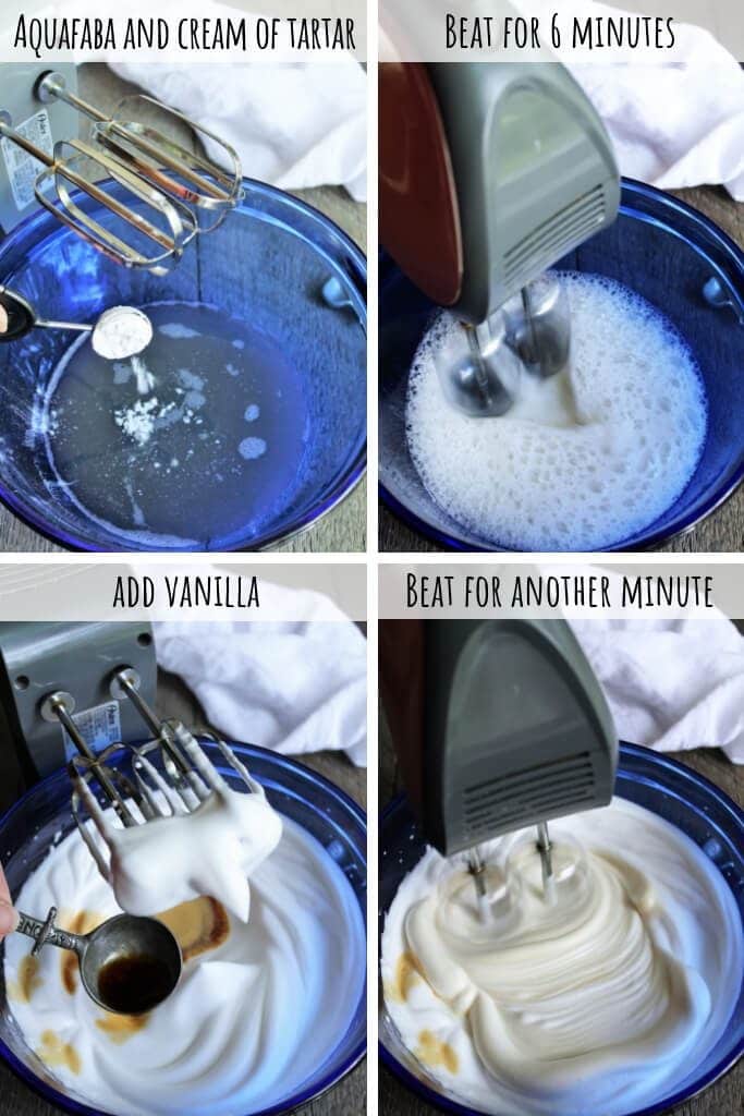 A series of 4 pictures showing the steps of whipping the aquafaba for the vegan angel food cake.
