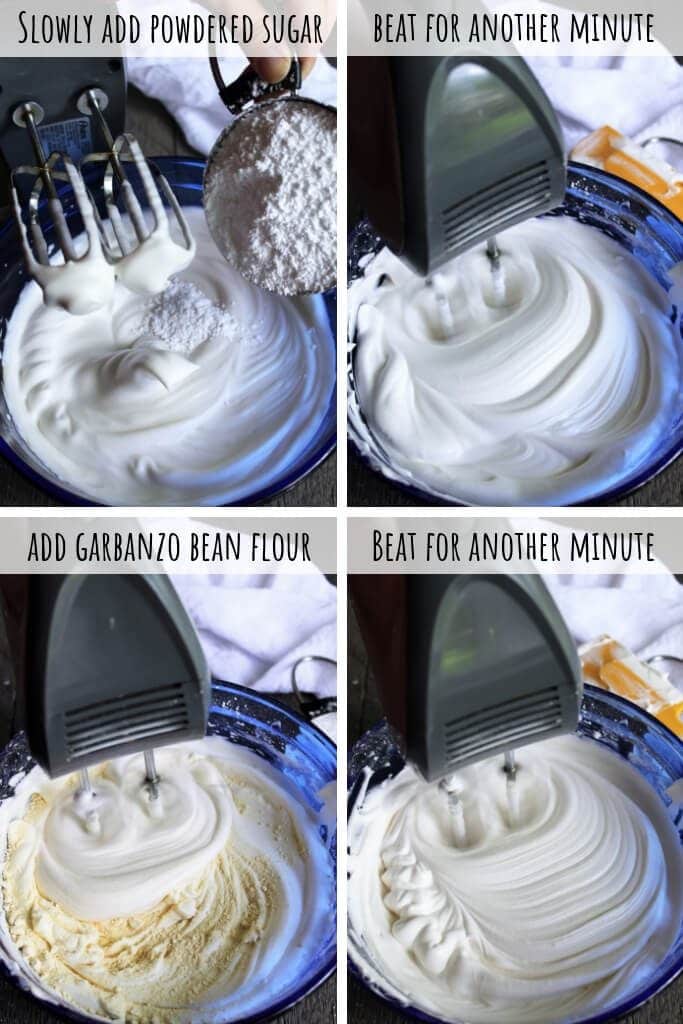 A series of four pictures showing adding the powdered sugar and garbanzo bean flour to the aquafaba to make a vegan angel food cake. 