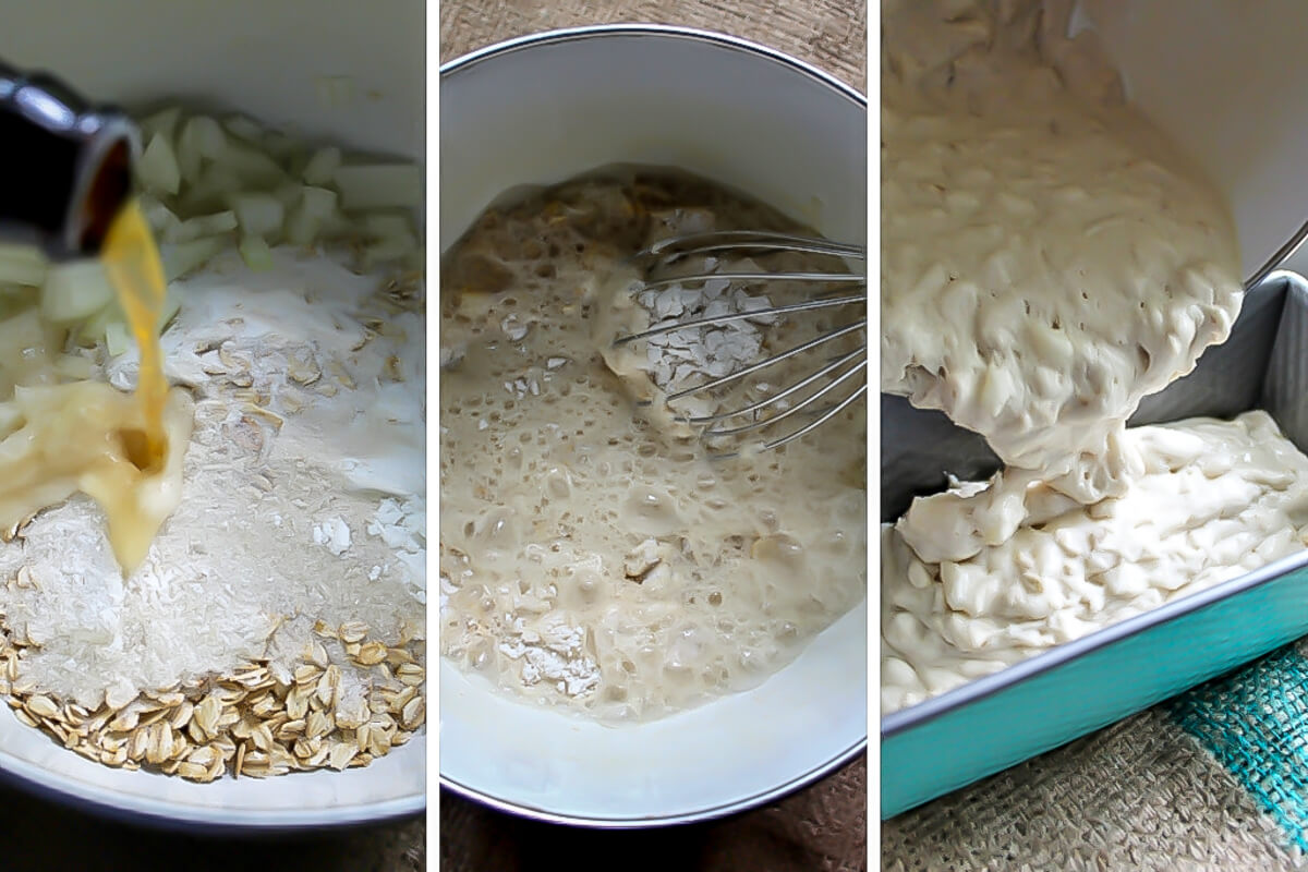 A series of 3 pictures showing the process of adding the beer to the dry ingredients and pouring it into the loaf pan to make gluten free vegan beer bread.