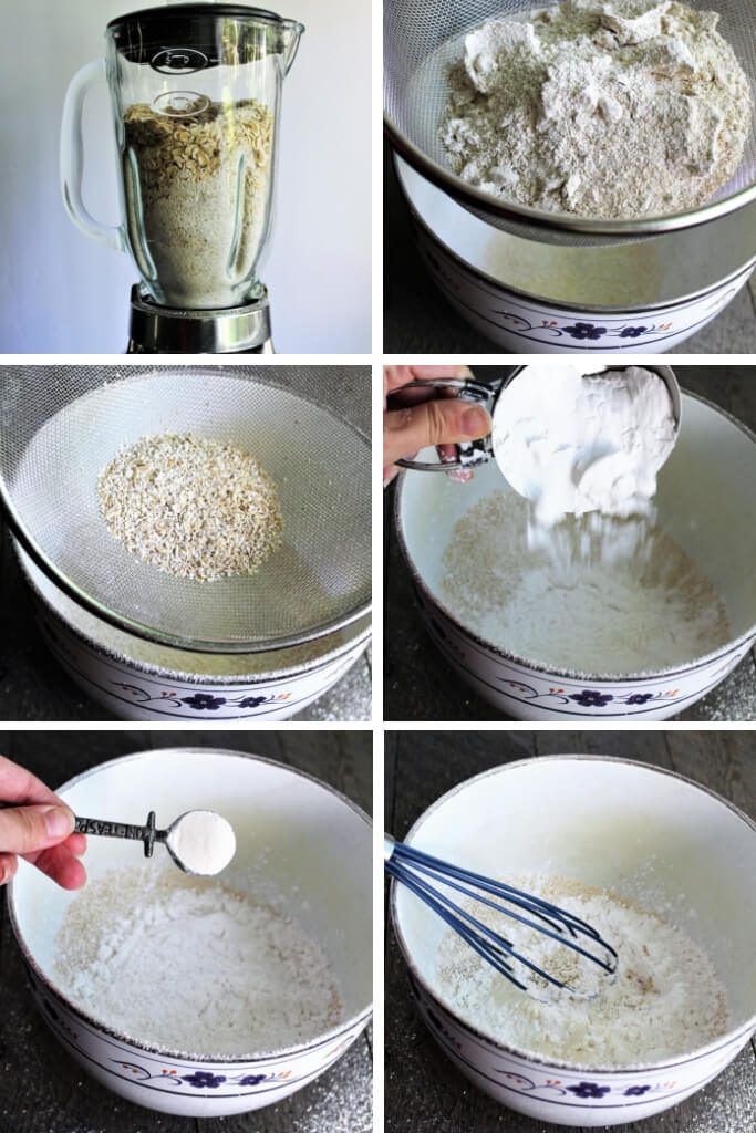 A series of 6 pictures showing the process steps of making homemade gluten free Bisquick mix with oats.
