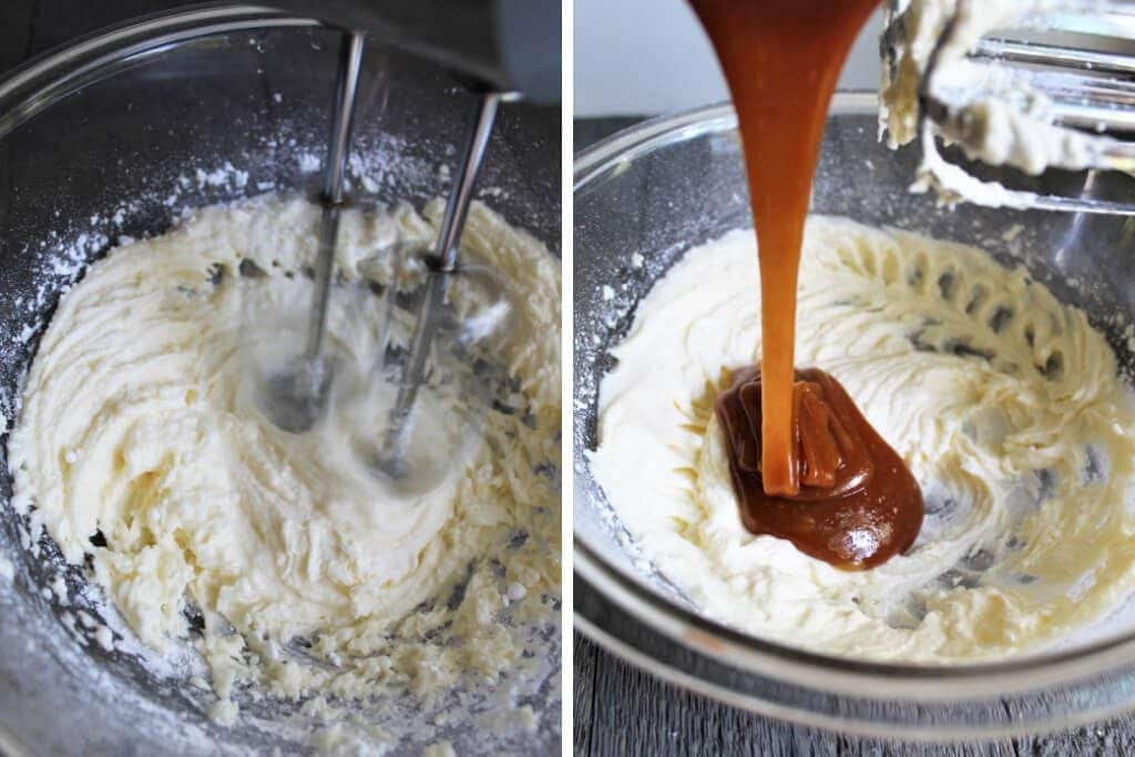 Two pictures showing the process of creaming the butter and sugar and adding the caramel sauce to make vegan caramel frosting.