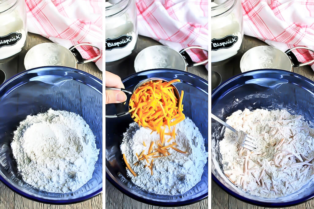 A series of 3 pictures showing the process steps to mix the vegan Red Lobster biscuits with the vegan cheese.