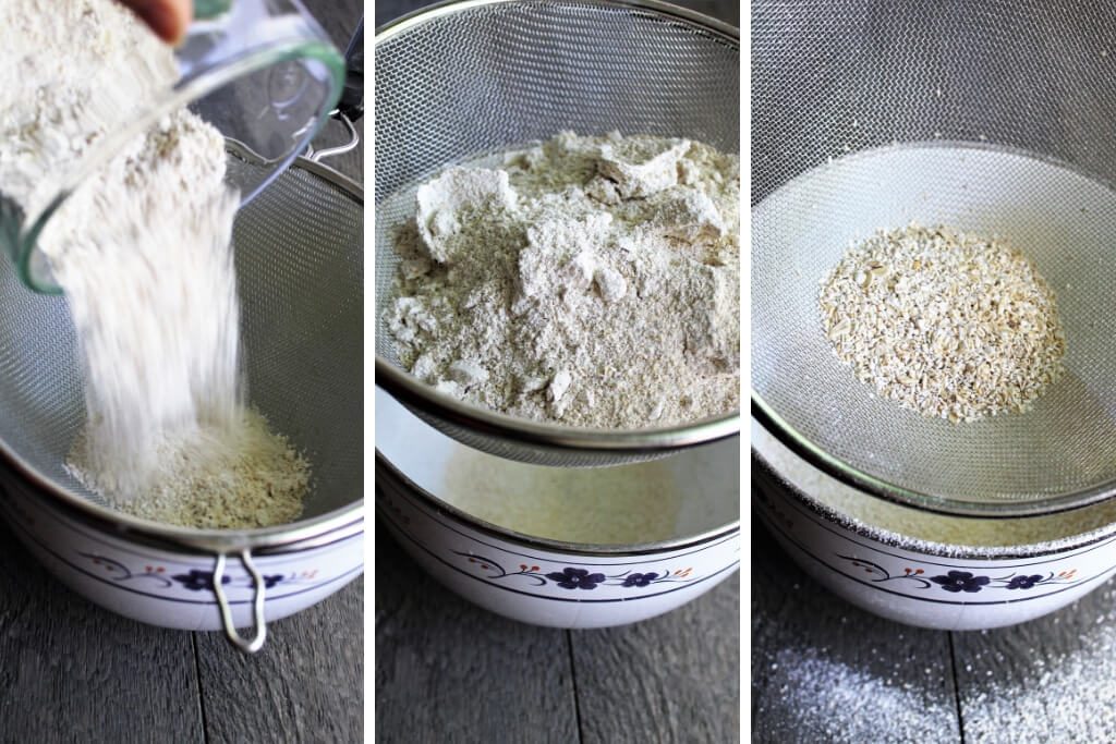 A series of 3 pictures showing the steps to sift the bran out of the oats to make oat flour.