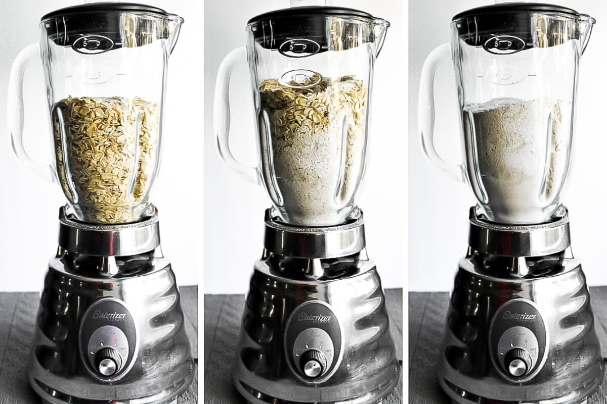 A series of 3 images showing the process of blending the gluten-free oats into flour.