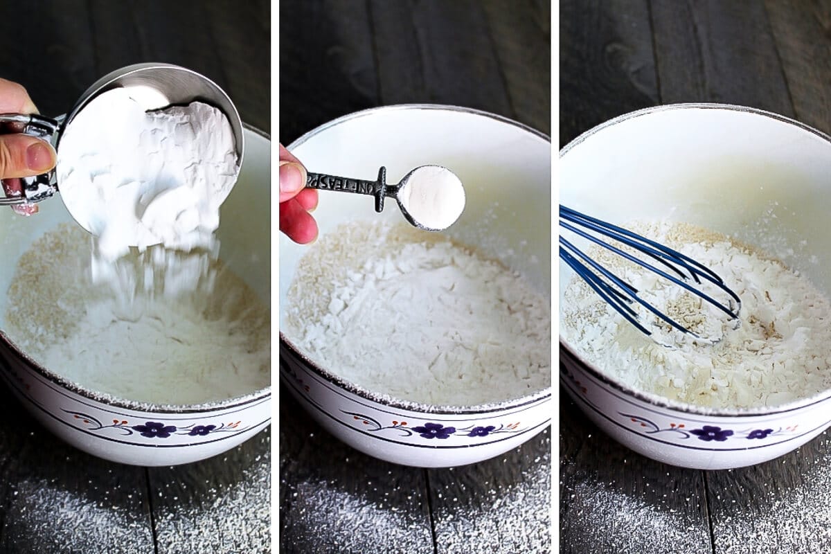 A series of 3 images showing adding oat flour, tapioca starch, and xanthan gum to a bowl and whisking it together.