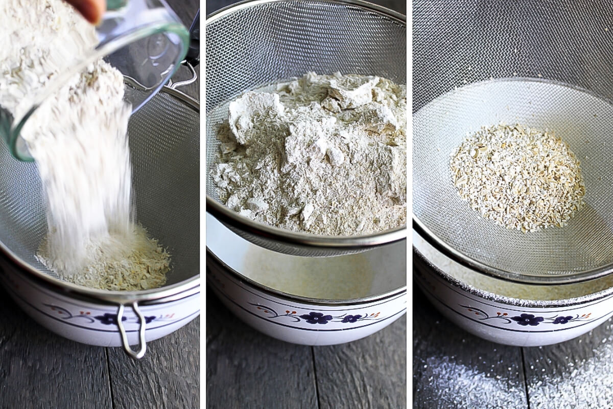 A series of 3 images showing the process of sifting homemade oat flour.