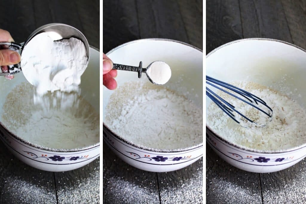 A series of 3 pictures showing the steps of adding the tapioca flour and xanthan gum to the oat flour to make a gluten free flour recipe.