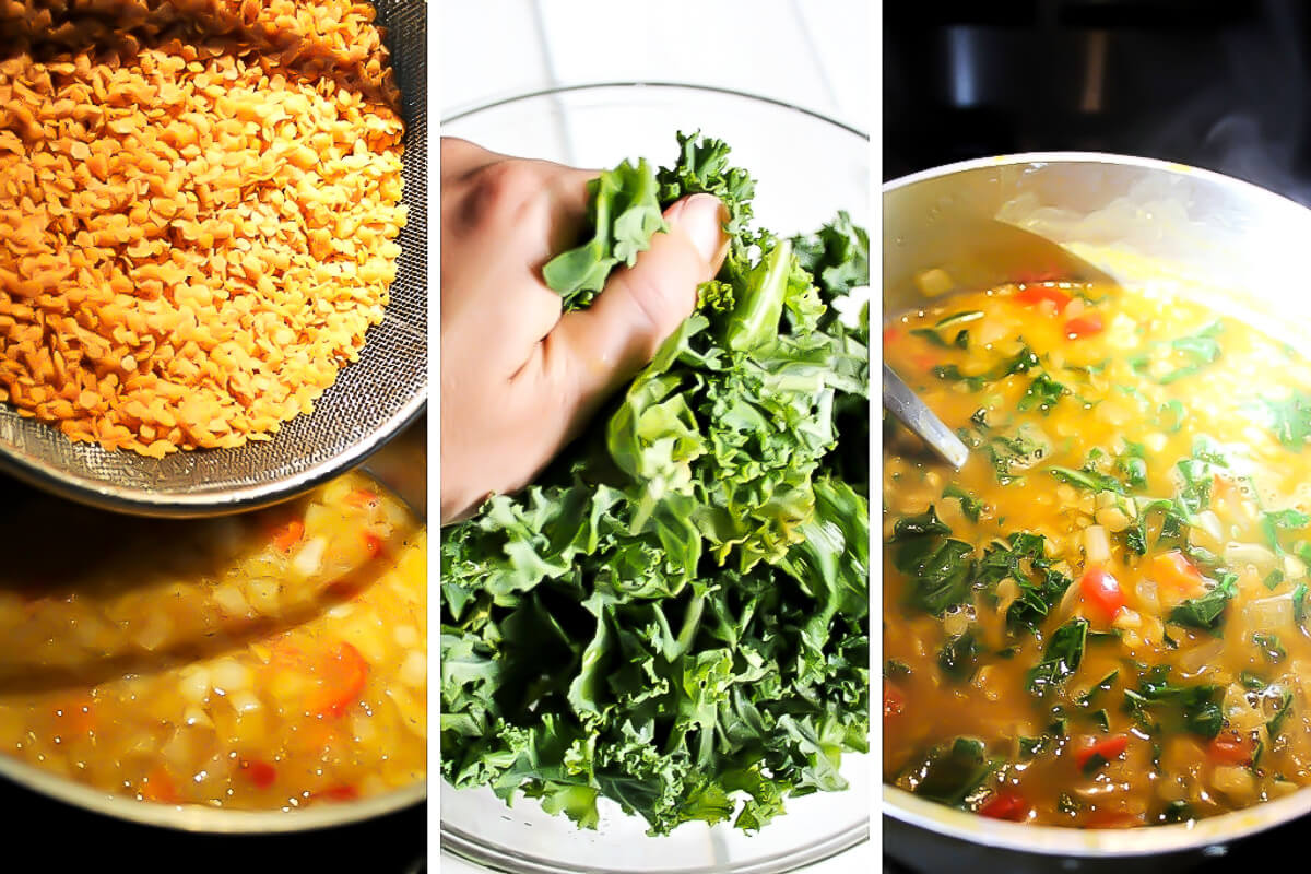 A series of 3 pictures showing how to add the red lentils, massage the kale, and combine it all for a perfect red lentil soup.