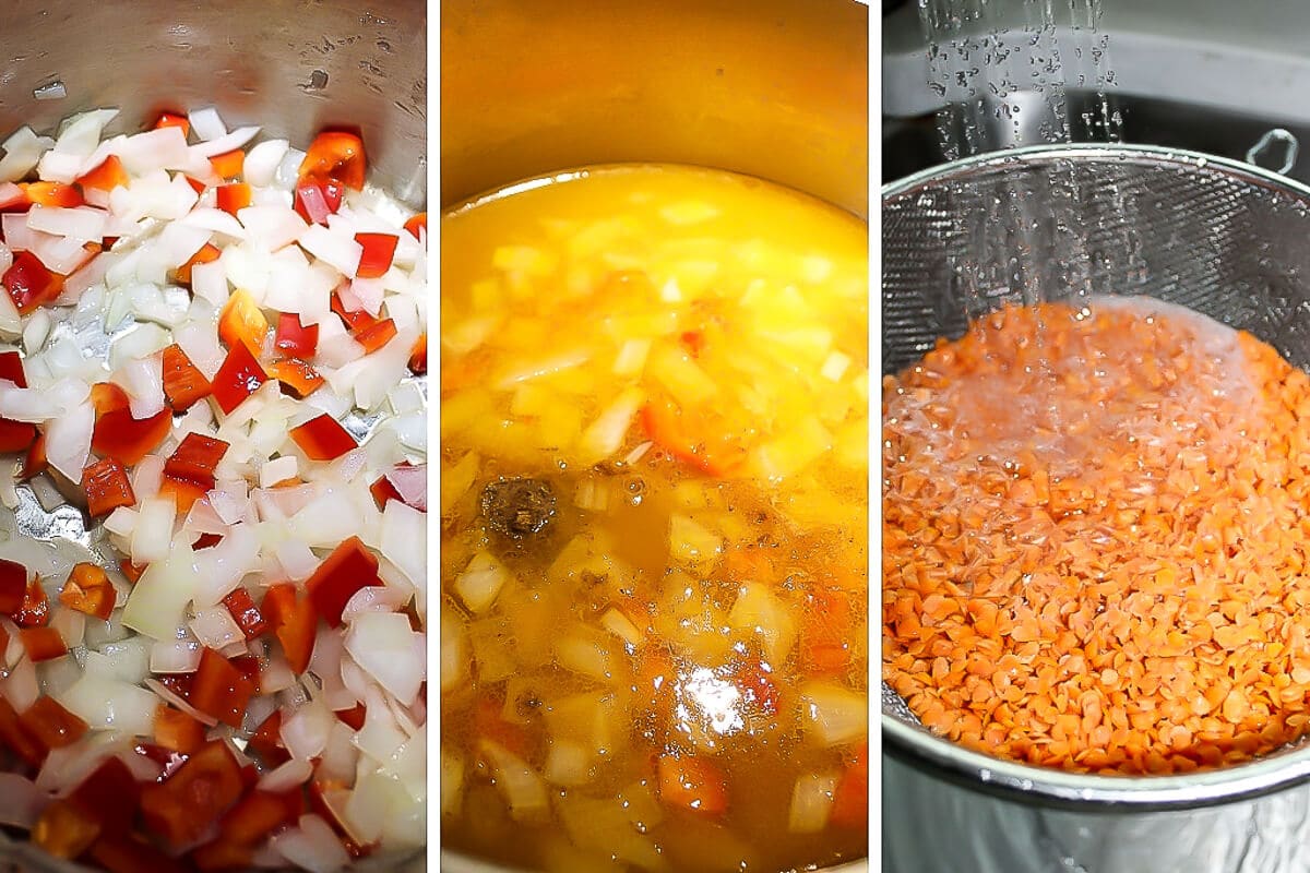 A series of 3 pictures showing how to saute the onions and peppers, add the broth, and wash the lentils to make the vegan red lentil soup.