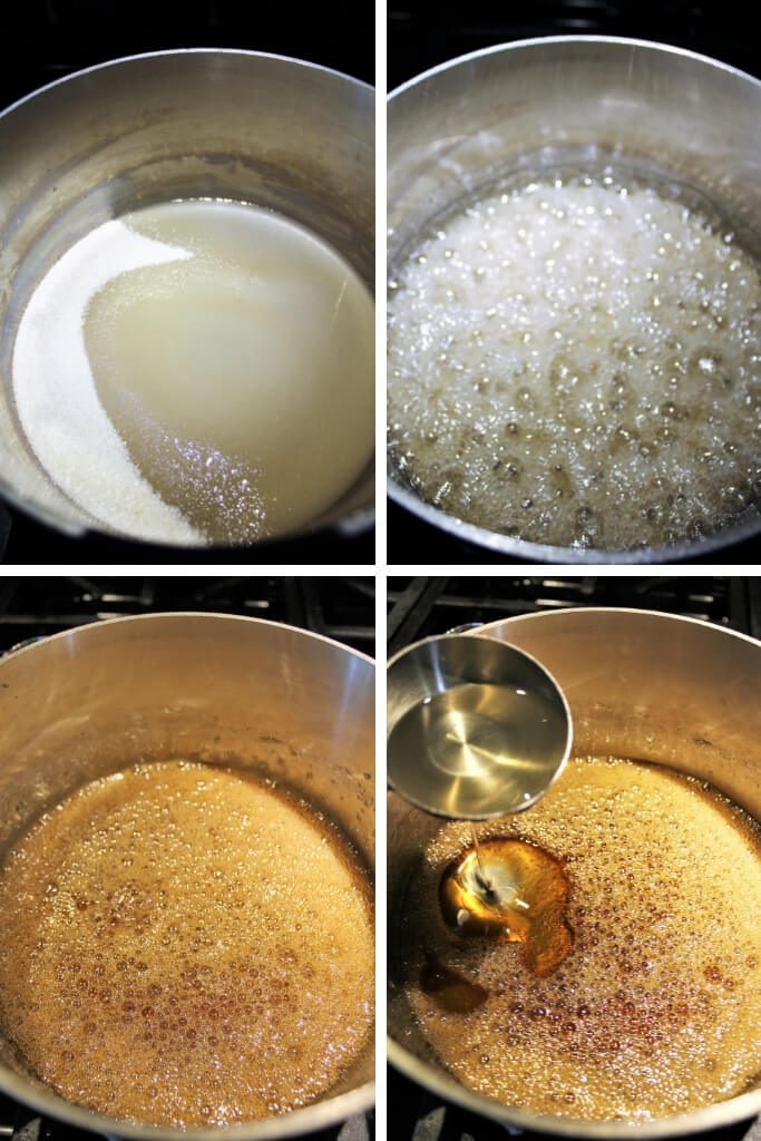 A series of 4 pictures showing how to make vegan salted caramel sauce by heating sugar and water and adding coconut oil once it has reached the right temperature.
