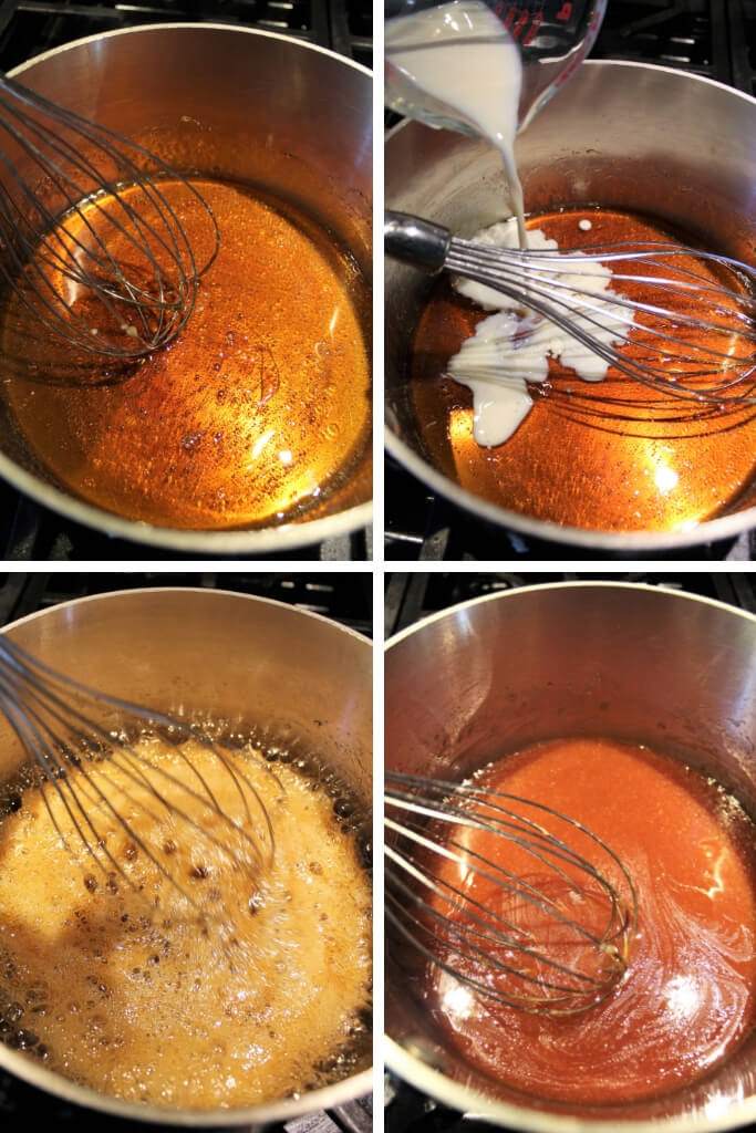 A collage of 4 pictures showing the process steps of cooking the sugar and water, and adding the soy milk and oil to make vegan caramel.